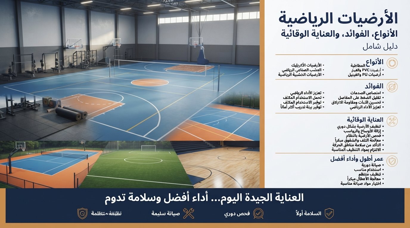 الأرضيات الرياضية: الأنواع، الفوائد، والعناية الوقائية — دليل شامل