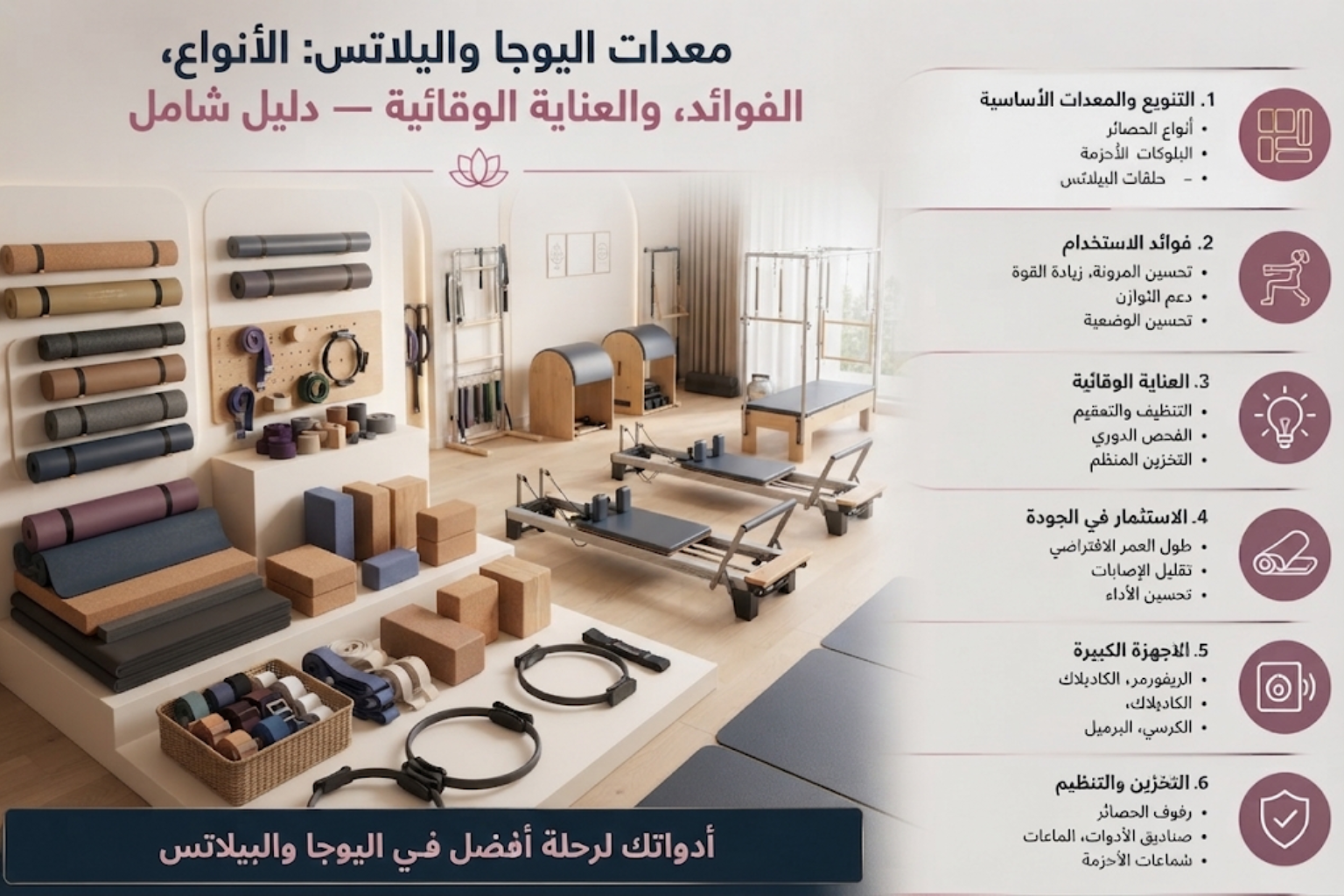 معدات اليوجا والبيلاتس: الأنواع، الفوائد، والعناية الوقائية — دليل شامل