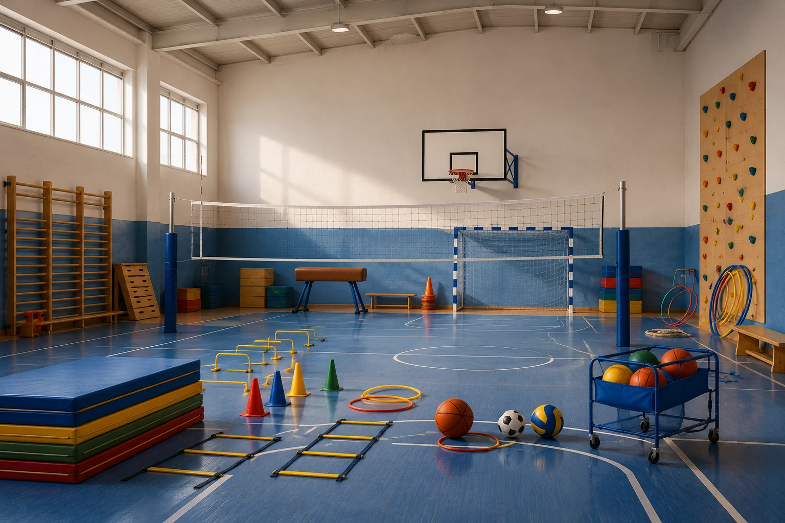 School sports activity equipment in an indoor gym